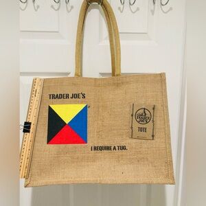 NWT Vintage Trader Joe's Reusable Jute Burlap Tote Flag "I Require A Tug" Bag